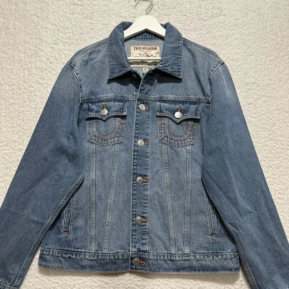 True Religion JESSE SN Trucker Jacket Men's M Medium Wash Denim Chest Pockets‎